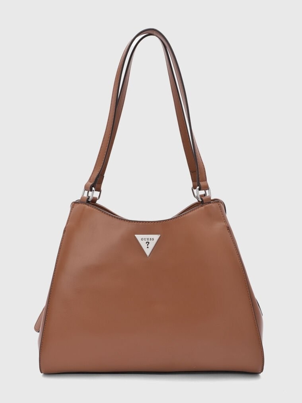 GUESS Tan Leather Shoulder Tote with Triangular Logo
